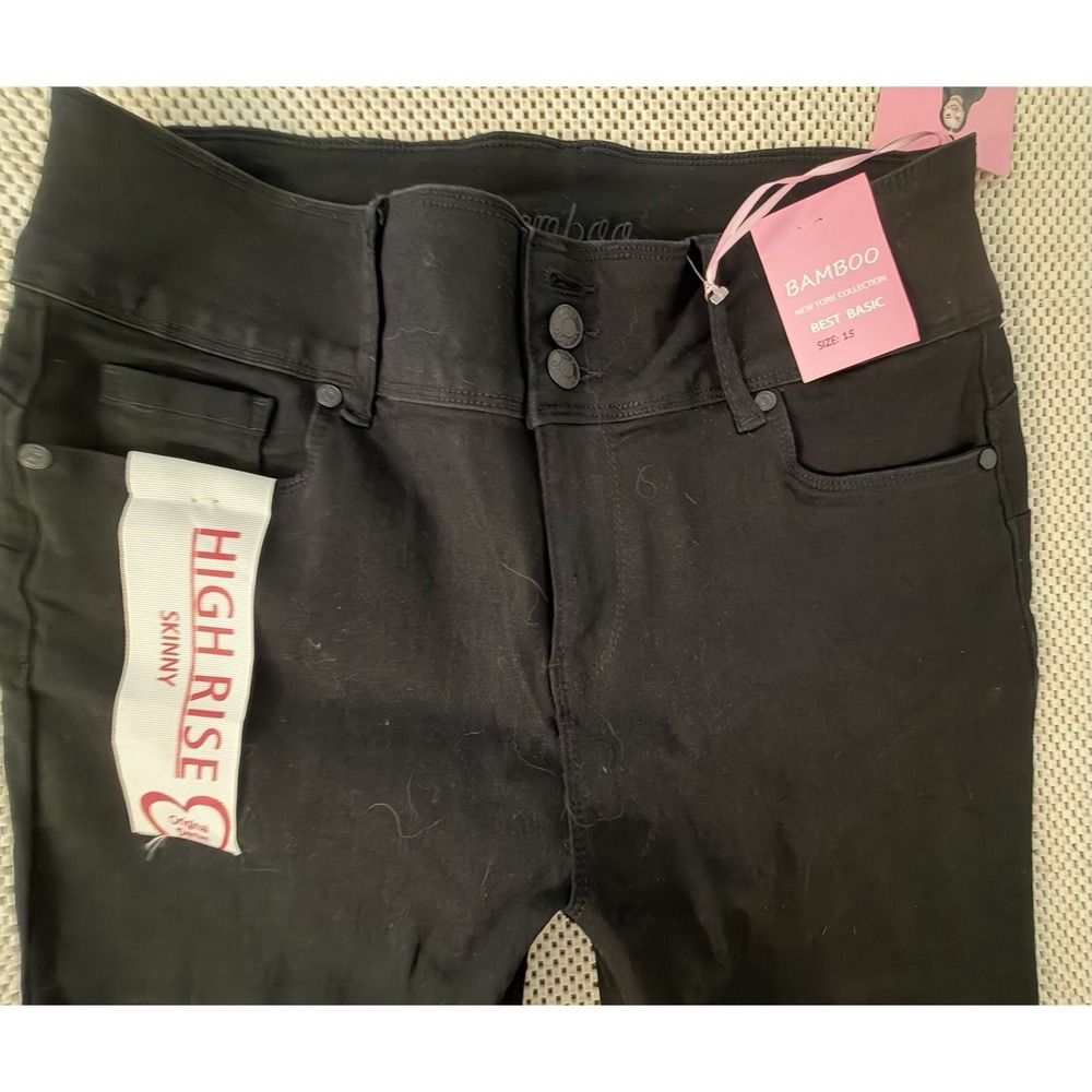 NEW Bamboo Jeans Size 15 Skinny High Rise Triple Button Black Denim Stretch NWT